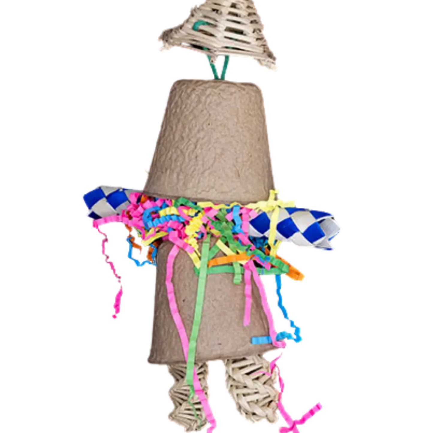 Closeup Image - Measures 30cm x 12cm - Natural man bird toy is made of a cane hat paper cups for the body finger trap for the arms and cane sticks for the legs. All natural and shredable for foraging stimulation for your feathered friend.