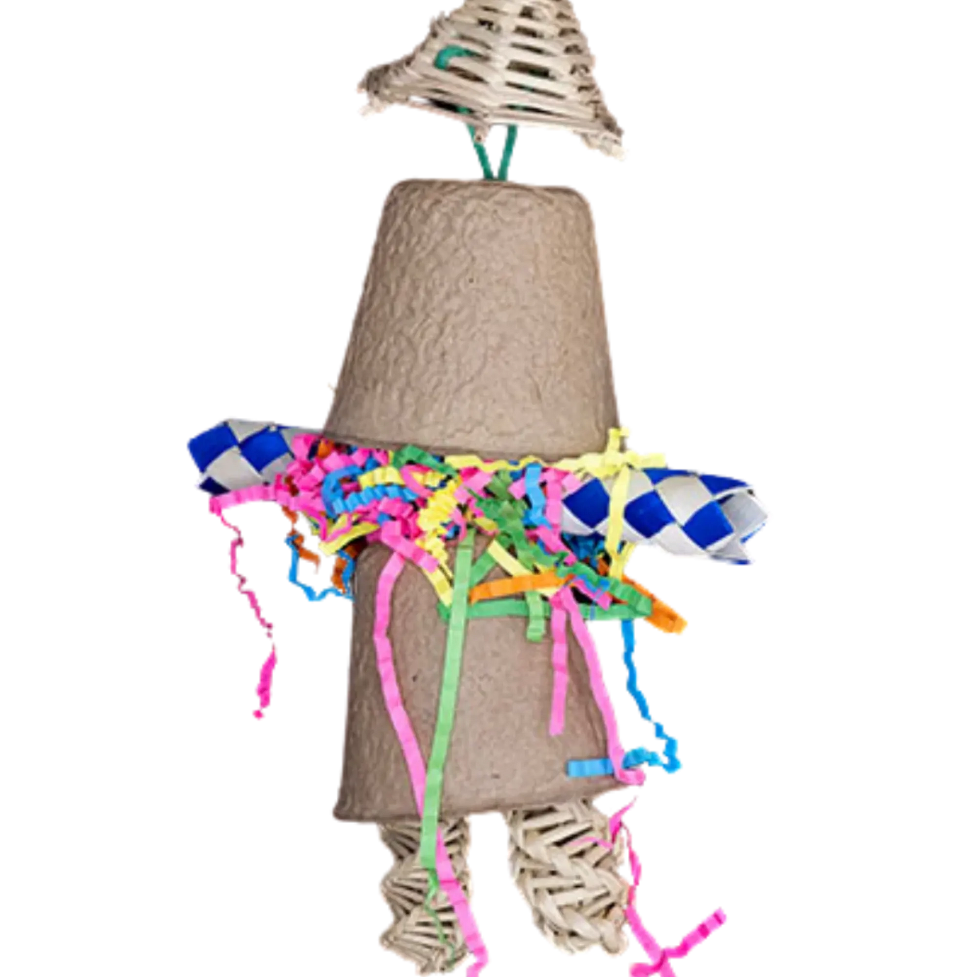 Closeup Image - Measures 30cm x 12cm - Natural man bird toy is made of a cane hat paper cups for the body finger trap for the arms and cane sticks for the legs. All natural and shredable for foraging stimulation for your feathered friend.