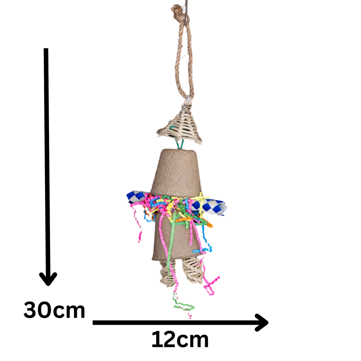Measures 30cm x 12cm - Natural man bird toy is made of a cane hat paper cups for the body finger trap for the arms and cane sticks for the legs. All natural and shredable for foraging stimulation for your feathered friend.