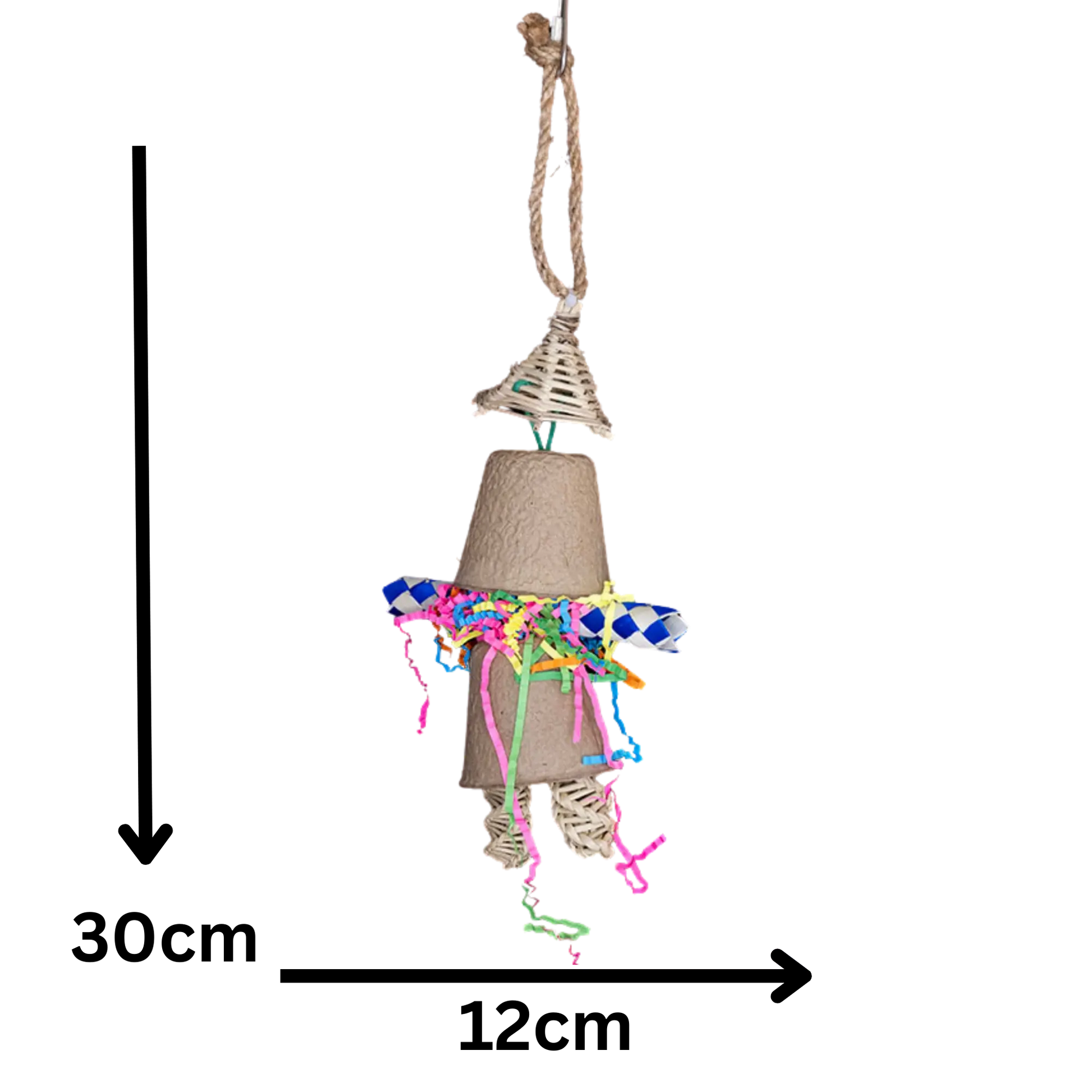 Measures 30cm x 12cm - Natural man bird toy is made of a cane hat paper cups for the body finger trap for the arms and cane sticks for the legs. All natural and shredable for foraging stimulation for your feathered friend.