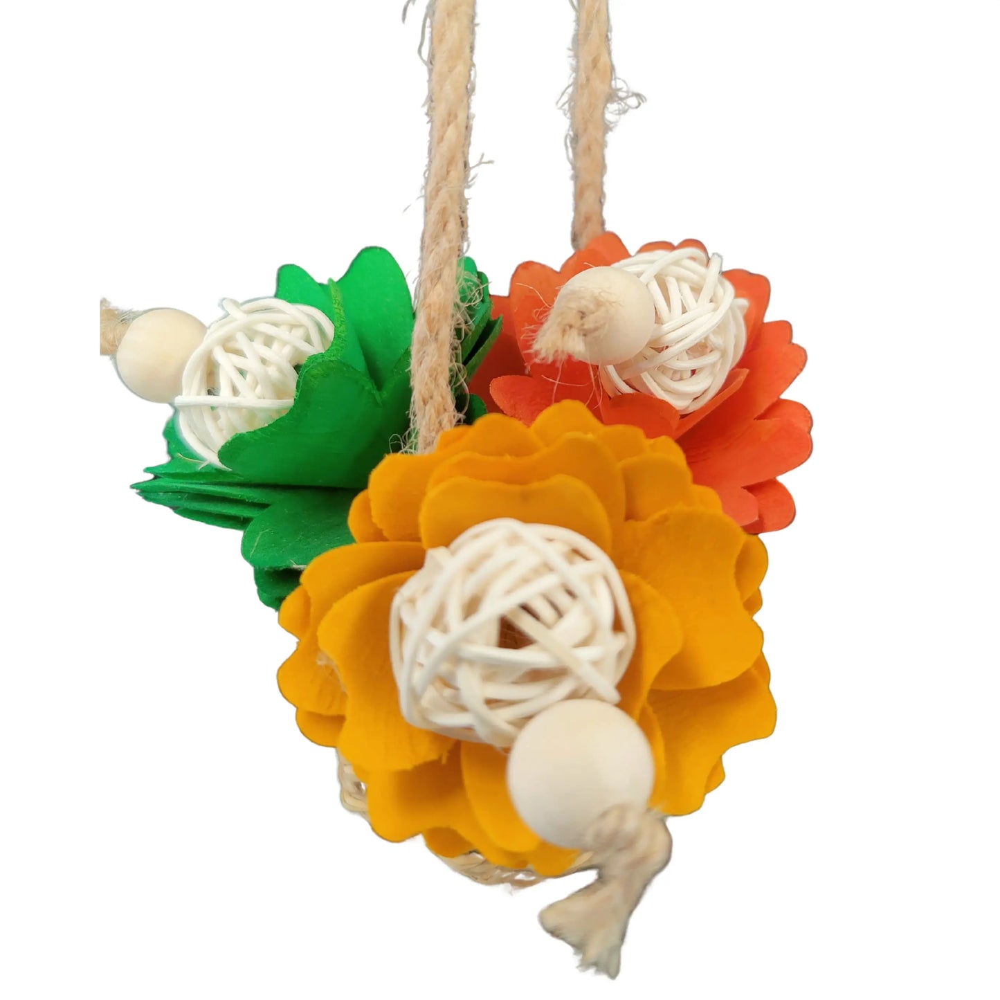 close up of the cloured nest of flowers bird toy