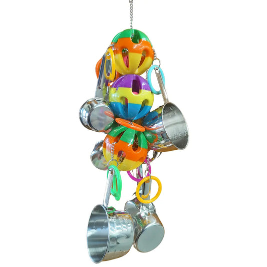 balls, stainless steel measuring cups al together for the noisiest bird toy ever
