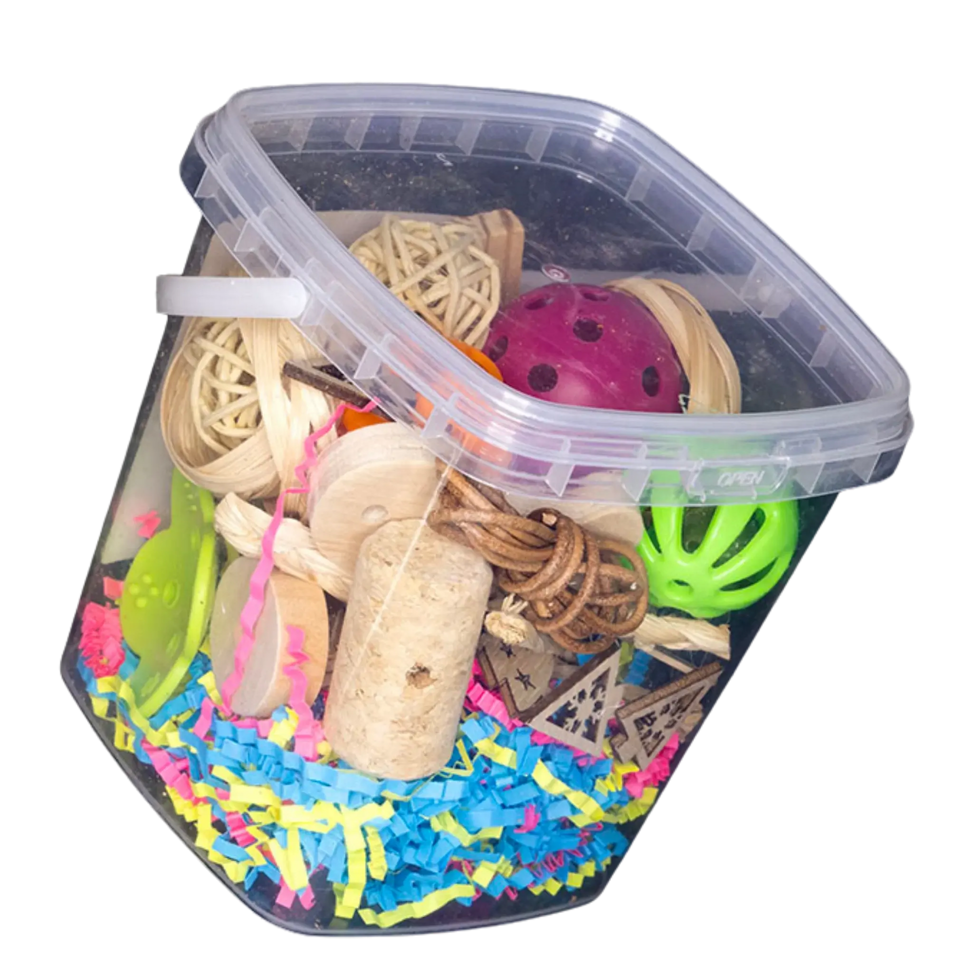 Parts Box Bird Toy
A box filled with fun toy parts—perfect for creating your own bird toys or using as a foraging bucket for your feathered friend.
Size: 9 cm x 12 cm