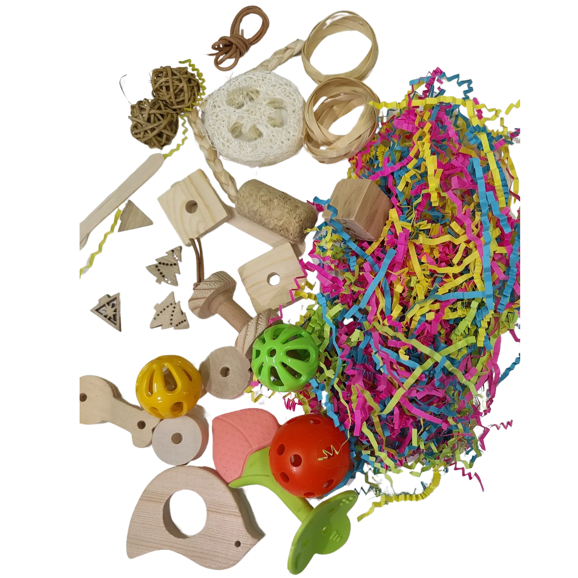 Example of whats in the bucket - Parts Box Bird Toy
A box filled with fun toy parts—perfect for creating your own bird toys or using as a foraging bucket for your feathered friend.
Size: 9 cm x 12 cm