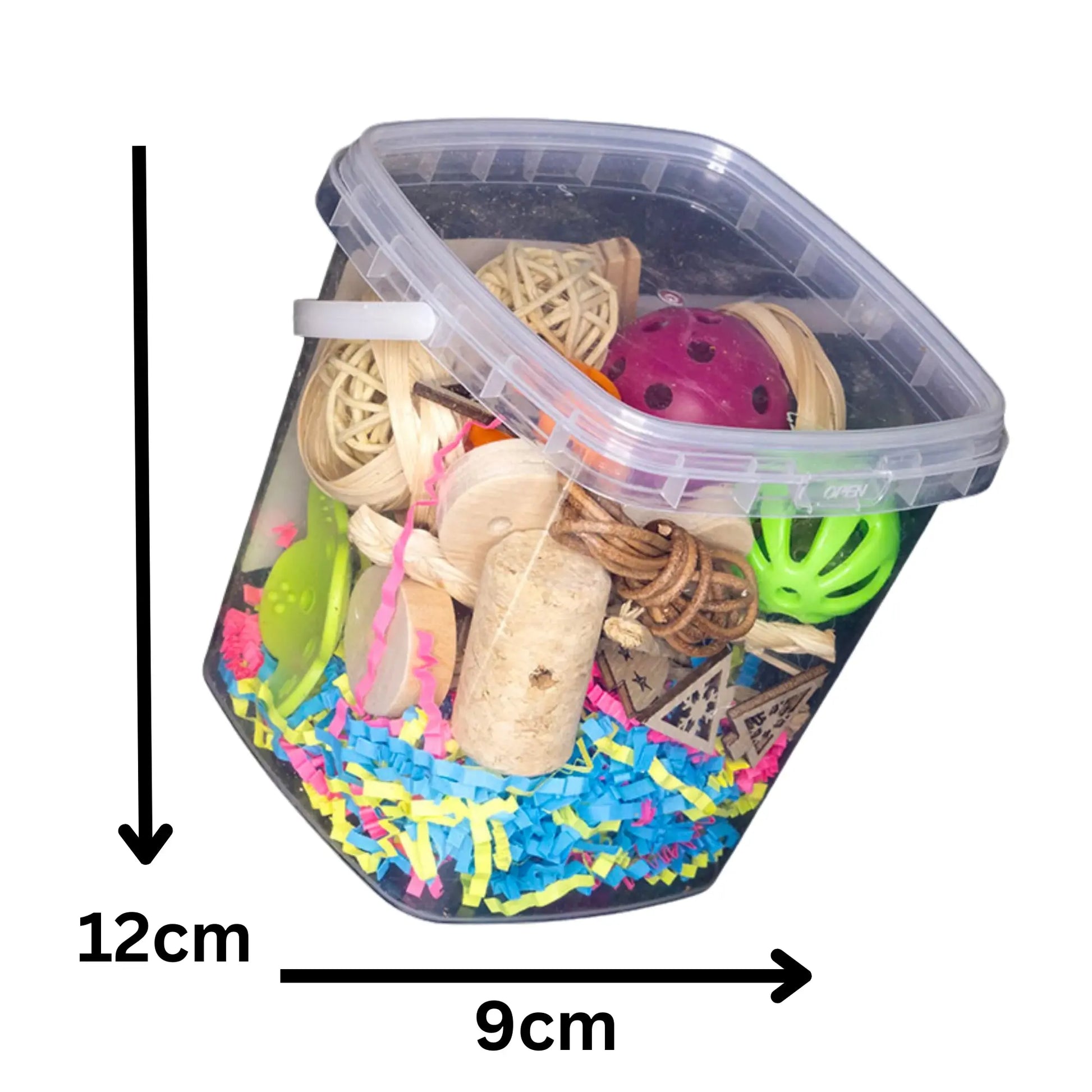 Parts Box Bird Toy
A box filled with fun toy parts—perfect for creating your own bird toys or using as a foraging bucket for your feathered friend.
Size: 9 cm x 12 cm