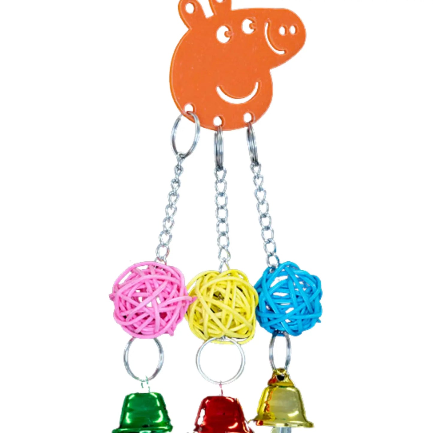Close up Peppa Bird Toy. A playful acrylic pig face with three colourful cane balls and bells hanging below. Perfect for small birds to chew, ring, swing, and explore. Hung with nickel-plated chains for added fun. Size: 9 cm x 18 cm