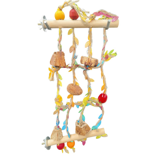 connects to side of cage perches with hanging net bird toy