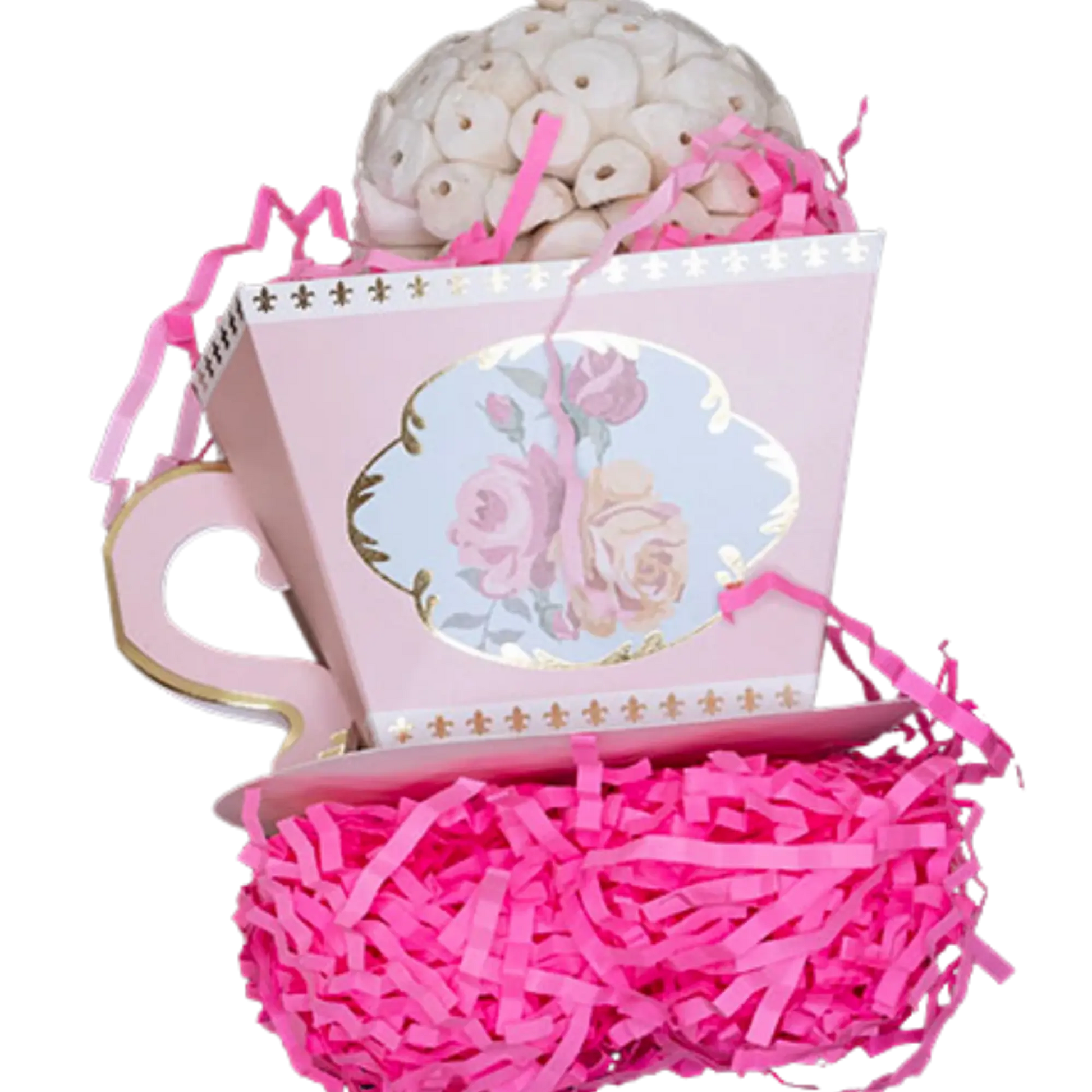 Closeup - Bright and fun for your medium size birds to get their beaks in and have a chewing good time. Add some colour and joy to your bird's playtime with this Pink Tea Cup Bird Toy. Let your medium sized birds enjoy hours of entertainment while they exercise their beaks and improve their chewing skills. Measures 11cm x 27cm