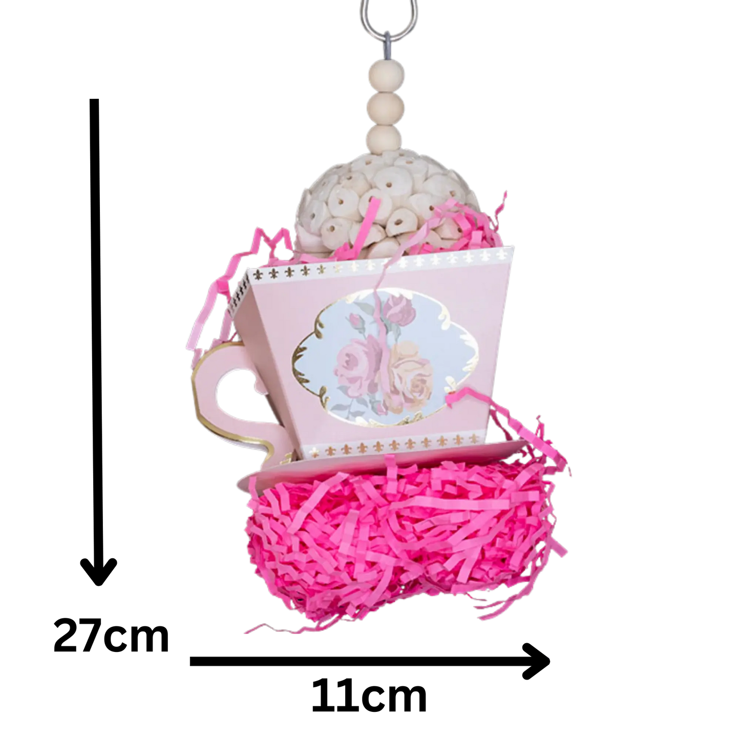 Measurements - Bright and fun for your medium size birds to get their beaks in and have a chewing good time. Add some colour and joy to your bird's playtime with this Pink Tea Cup Bird Toy. Let your medium sized birds enjoy hours of entertainment while they exercise their beaks and improve their chewing skills. Measures 11cm x 27cm