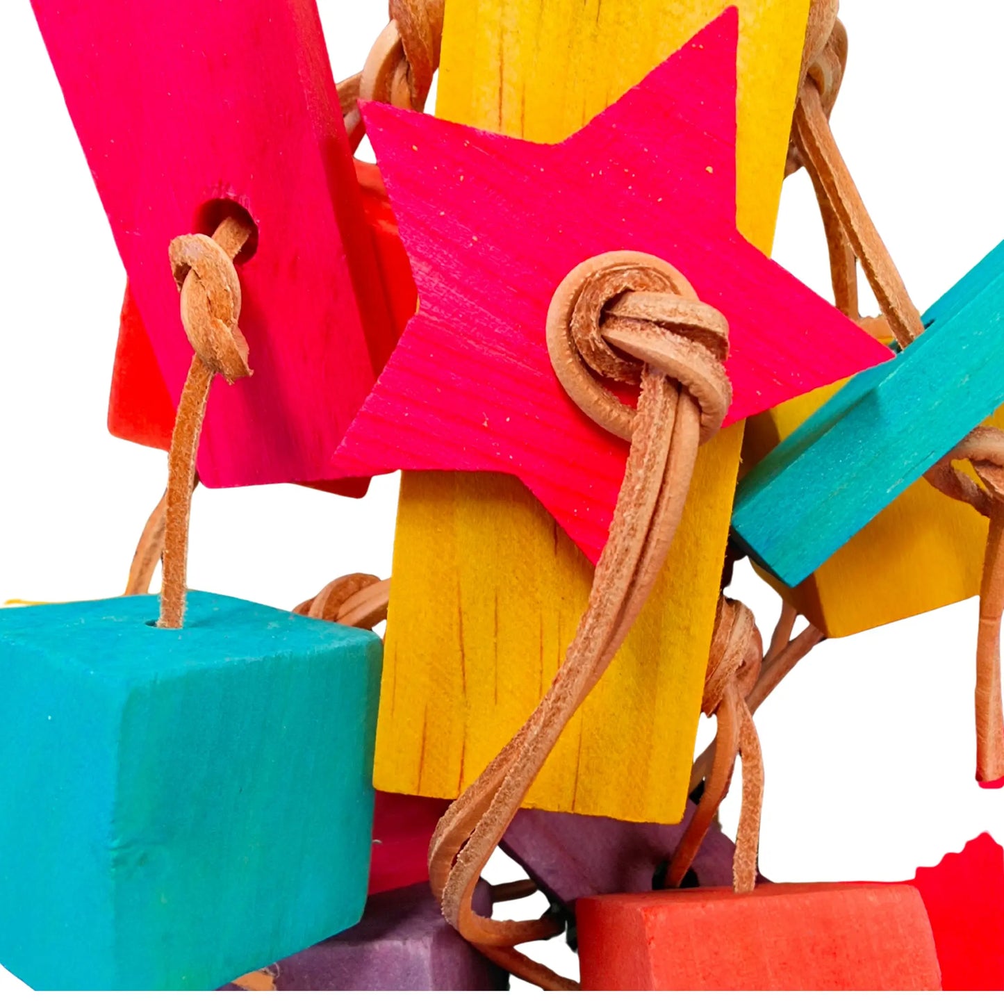 close up rainbow blocks bird toy