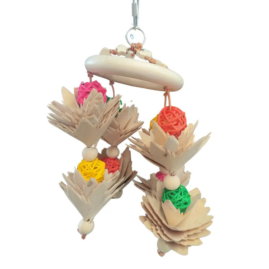 four strands of flowers hanging from a ring bird toy