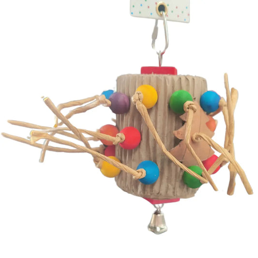 rolled cardboard shredable bird toy with beads