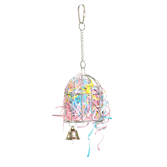 Small Forage Cage Bird Toy. Encourage natural foraging instincts with this engaging toy, made with a nickel-plated chain and quick link for easy hanging. Great for mental stimulation and physical activity. Size: 18 cm H x 8 cm L