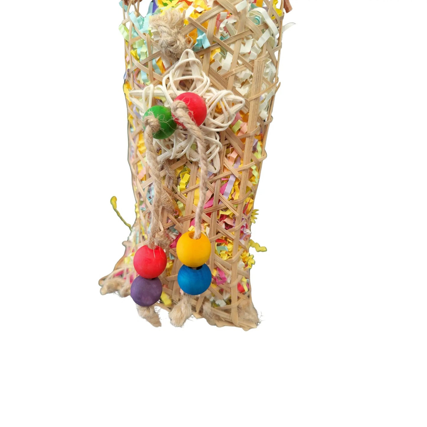 close up 2 of the shredable finger trap bag bird toy