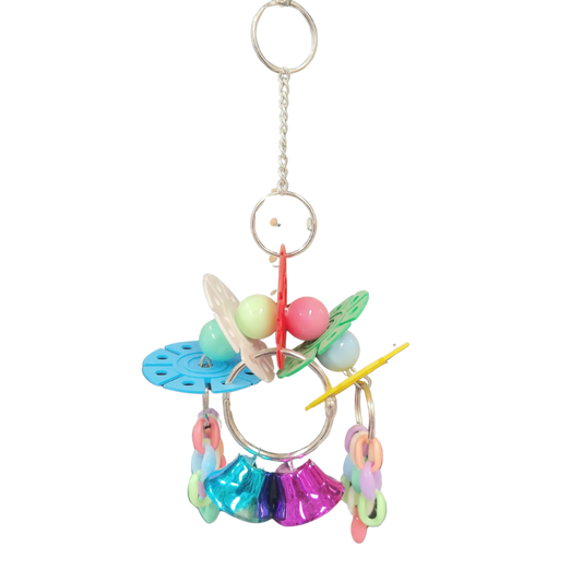 Small Discs and Beads Bird Toy. Designed for little birds, this toy features colourful discs, beads, and chains for interactive play, plus two bells for added sound stimulation. A fun and engaging choice to keep your bird entertained. Size: 20 cm