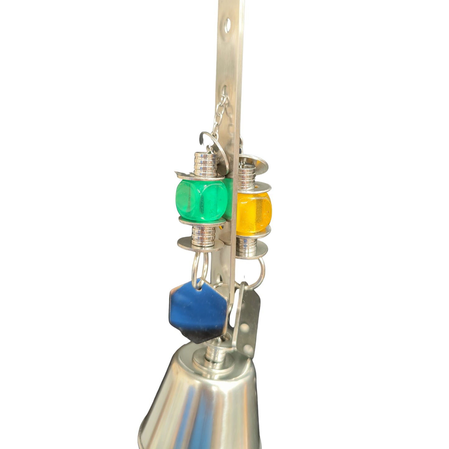 close up of the stainless steel pull with bell bird toy
