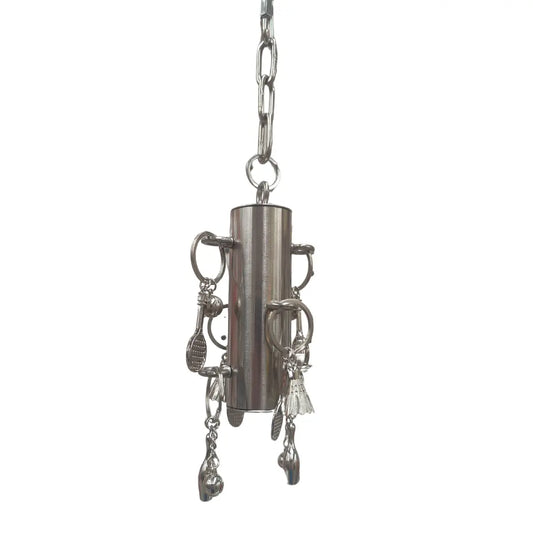 Charms hang off a stainless steel ube bird toy