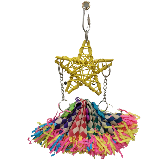 Coloured cane star with a fan made of paper filled finger traps. Fun shredable bird toy for the smaller birds. Perfect bird toy for keeping your smaller feathered friend entertained, this fan bird toy is perfect for shredding and satisfying your bird's natural desire to forage and play.