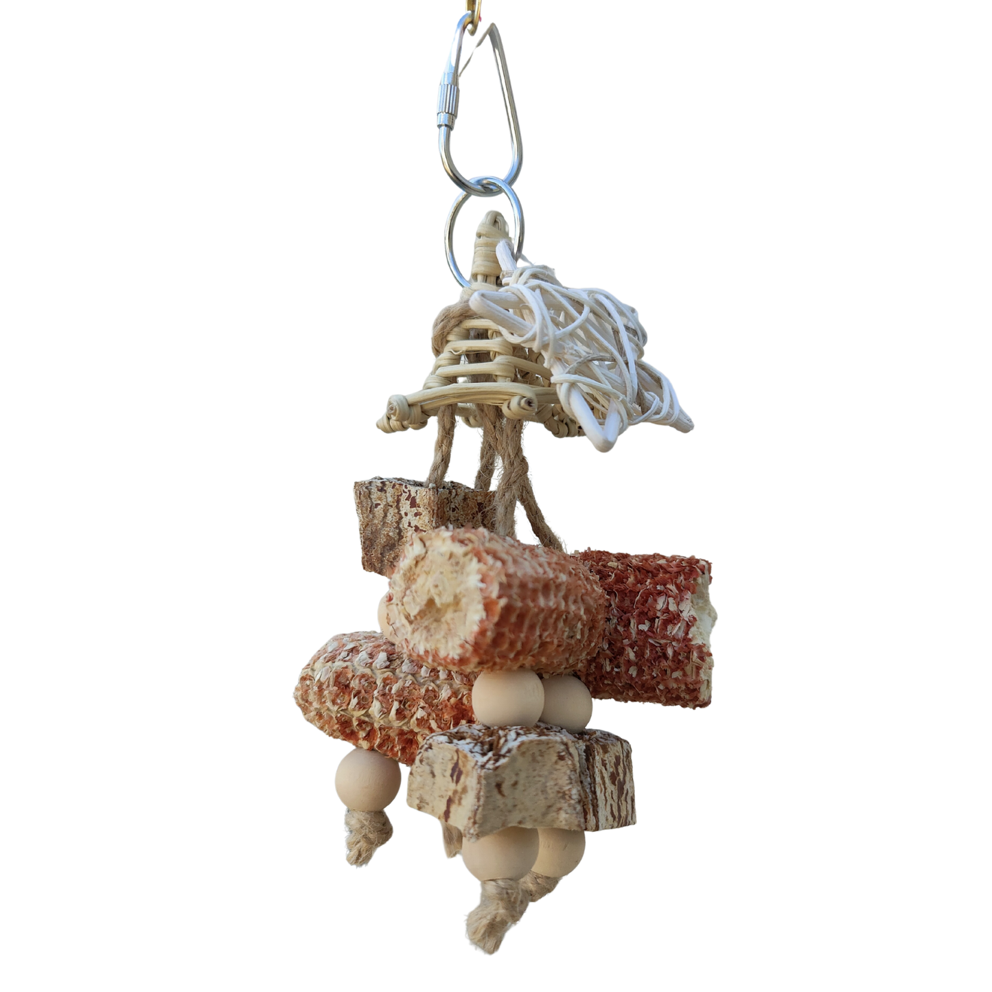 bird toy with rattan hat, rattan star corn bobs and mahogany slices