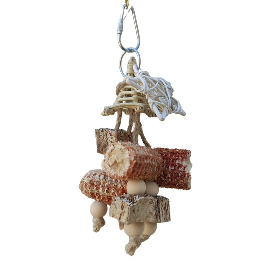bird toy with rattan hat, rattan star corn bobs and mahogany slices