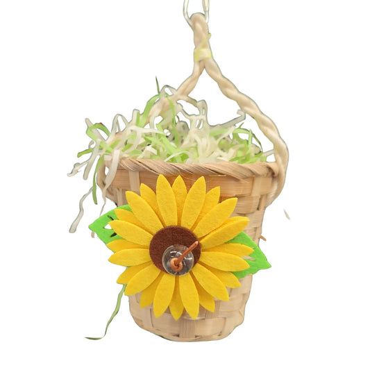 Hanging sunflower pot with shred paper bird toy