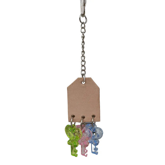 three keys on a leather piece bird toy