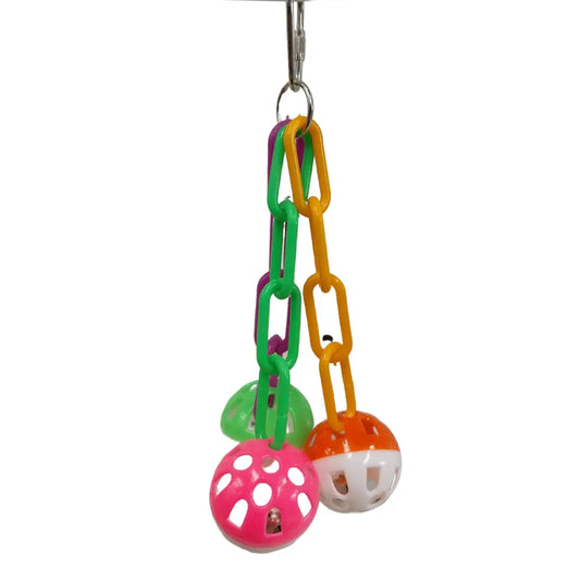 three chains of plastic with balls bird toys