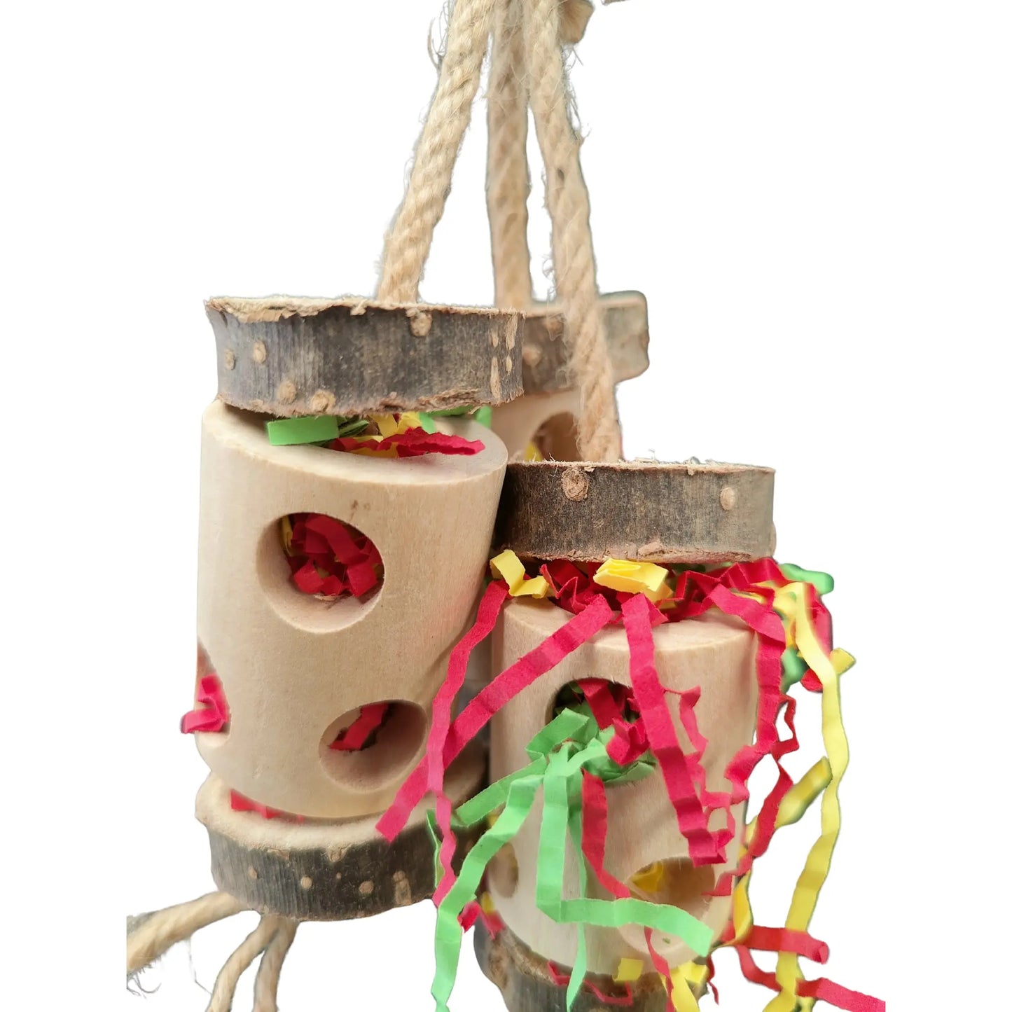 close up of triple barrels bird toy