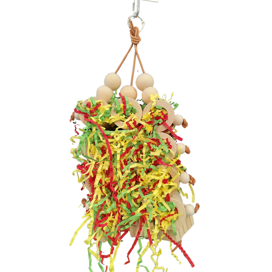 12 round wooden blocks with holes in the center all joined together with leather cord. Can be used to put treats in or to fill with shredded paper. Suitable for medium sized birds.