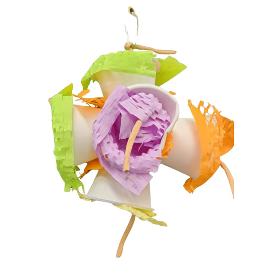 cups with wiffle paper bird toy