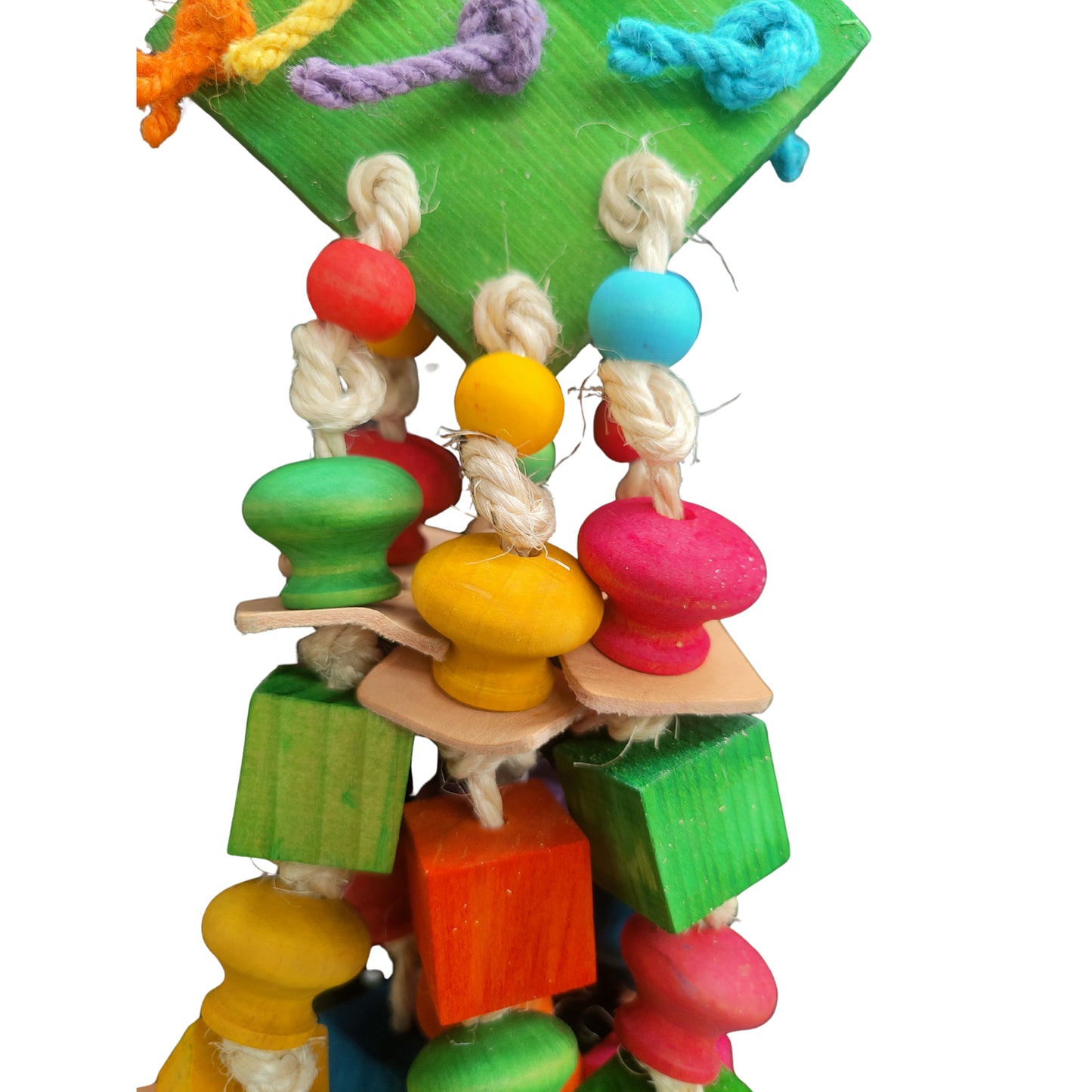 close up of the wood diamond dangles bird toy
