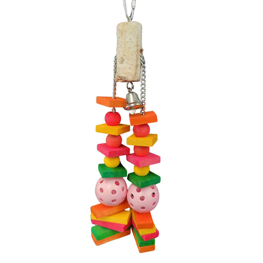 wood with two hanging chains of wood blocks and 2 balls bird toy