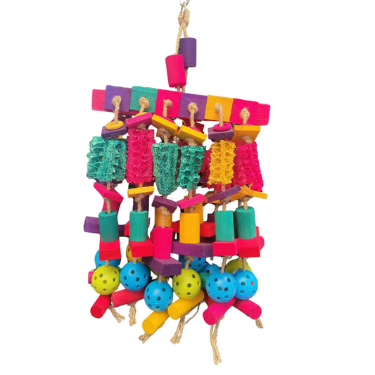 large shredable wood lufa and balls bird toy