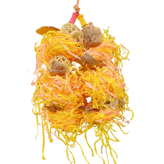shredable balls with yellow crinkle paper bird toy