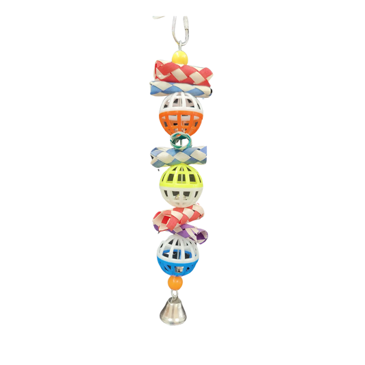 This bird toy features 3 plastic balls and pieces of cane finger traps, skewered together with a bell on the bottom. Perfect for smaller birds, this toy provides both a chewing and rattling experience. Enhance your feathered friend's playtime with this engaging and stimulating toy.