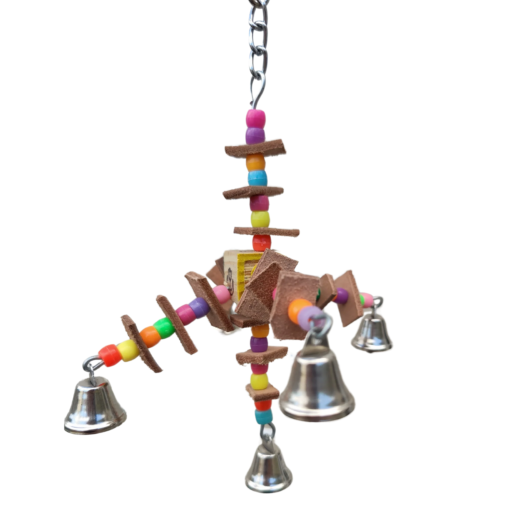 5 bells with leather bits and pony beads bird toy