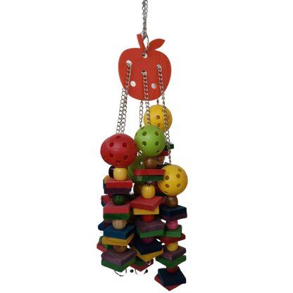 Apple Dangle Bird Toy measures 40cmH x 12cmL. This Apple Dangle Bird Toy includes an acrylic apple with multiple chains, balls, wood blocks, and beads. 