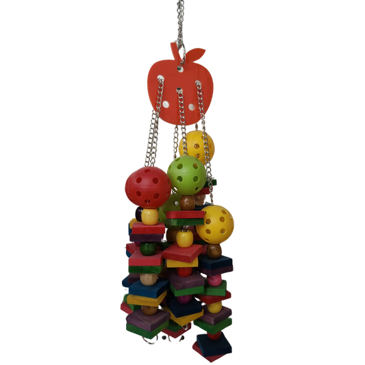 Apple Dangle Bird Toy measures 40cmH x 12cmL. This Apple Dangle Bird Toy includes an acrylic apple with multiple chains, balls, wood blocks, and beads. 