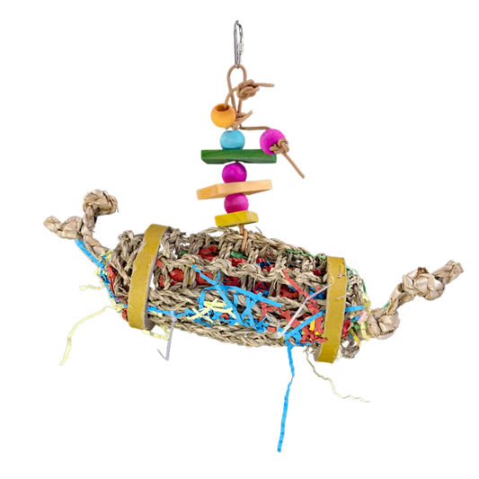 BAGEL ROLL BIRD TOY  The Bagel Roll Bird Toy is a stimulating and engaging toy for medium to large birds. The sea grass mat is filled with shredded paper and secured with 2 bagels, providing hours of shredding entertainment.