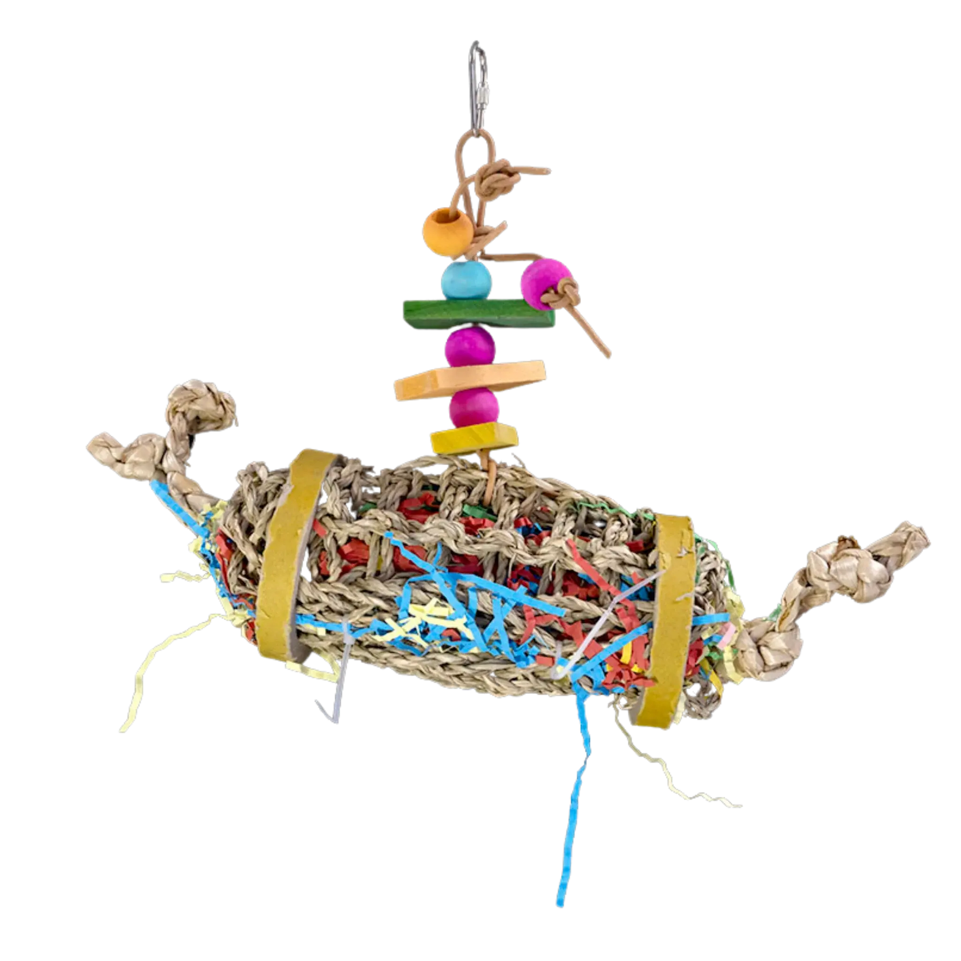 BAGEL ROLL BIRD TOY  The Bagel Roll Bird Toy is a stimulating and engaging toy for medium to large birds. The sea grass mat is filled with shredded paper and secured with 2 bagels, providing hours of shredding entertainment. 