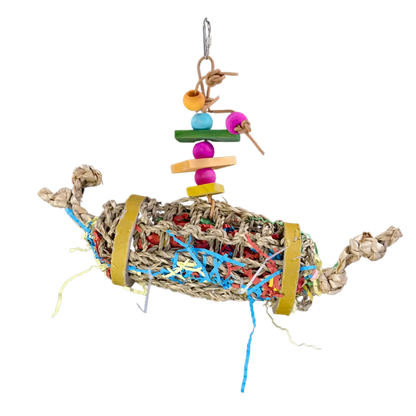 BAGEL ROLL BIRD TOY  The Bagel Roll Bird Toy is a stimulating and engaging toy for medium to large birds. The sea grass mat is filled with shredded paper and secured with 2 bagels, providing hours of shredding entertainment. 