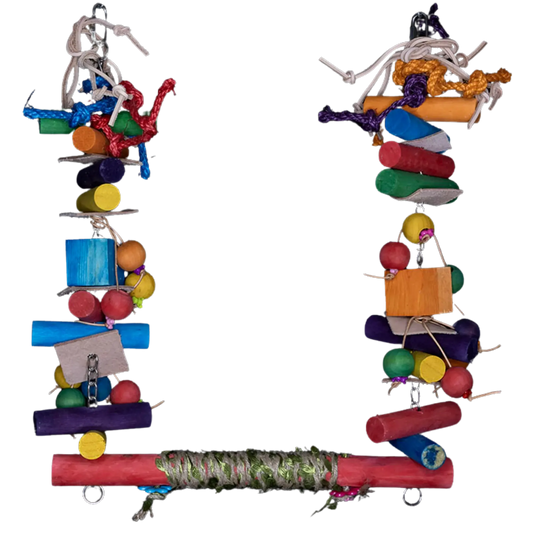 Large Swing Bird Toy with Lots Wood Blocks 
Swing that is suitable for the larger birds has lots of wooden blocks, sisal rope and leather pieces and cord. 28*65cm,