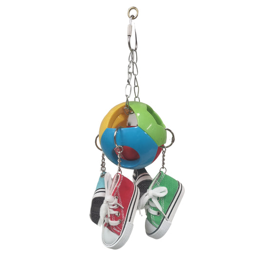 Hard plastic ball with 4 shoes hanging from it bird toy