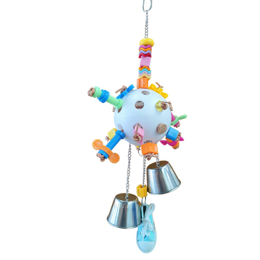 stainless steel bells with shoe hanging from a ball bird toy