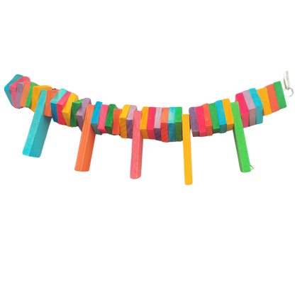 coloured wood blocks hanging across bird toy