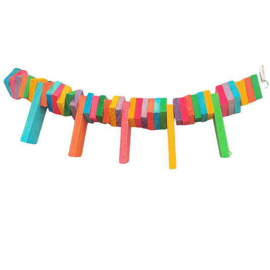 coloured wood blocks hanging across bird toy