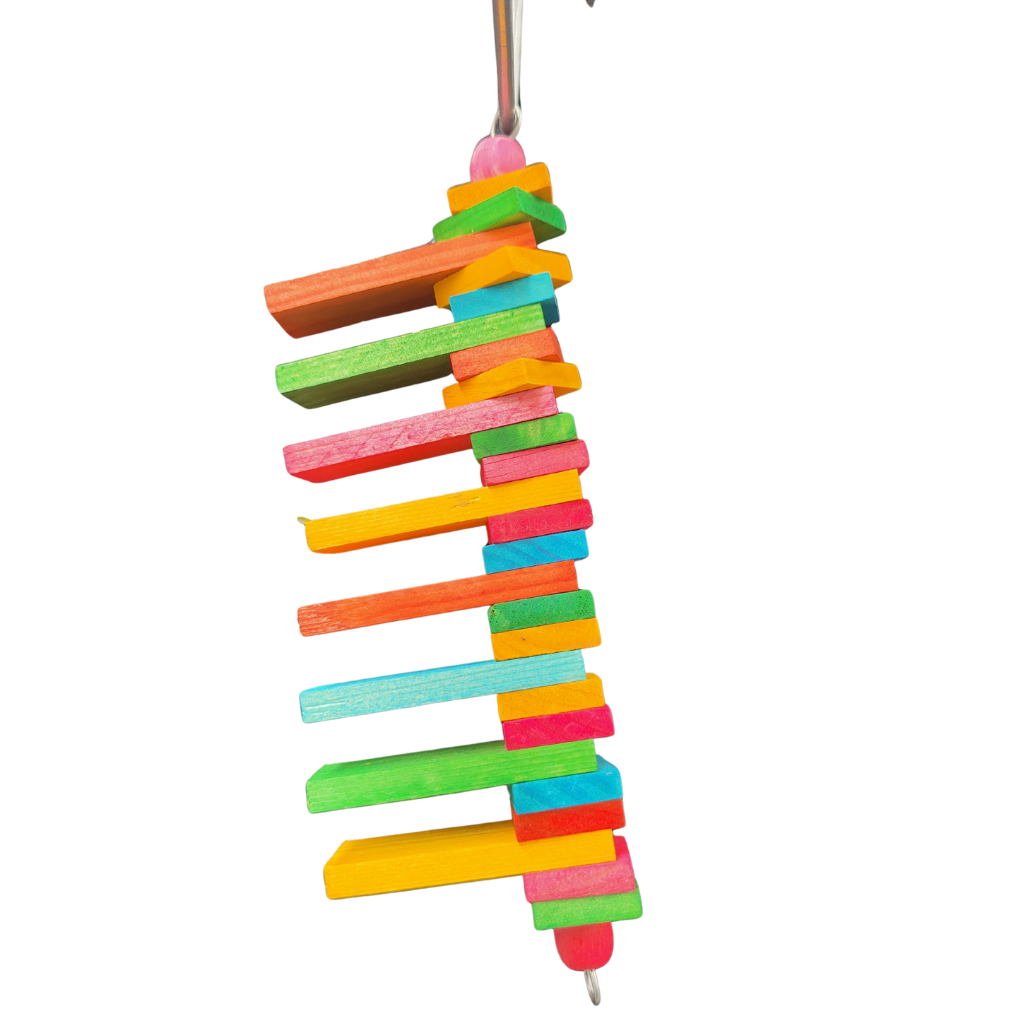 coloured wood blocks going up a wire bird toy