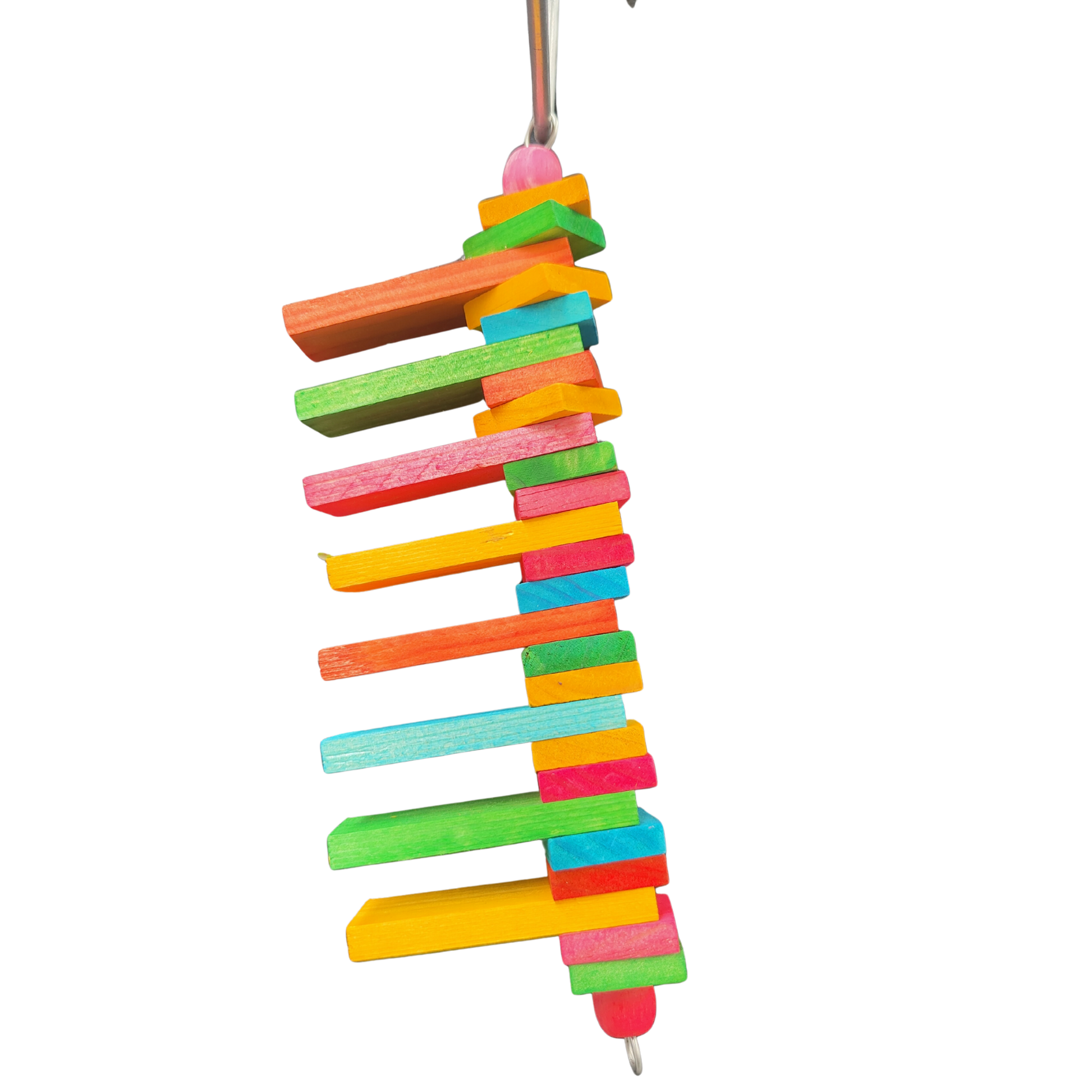 coloured wood blocks going up a wire bird toy