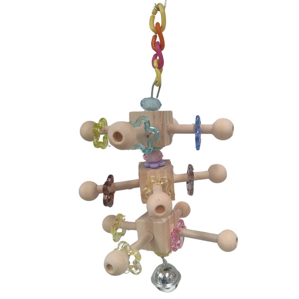 blocks, beads half wooden dumbbells wired together to create a unique bird toy