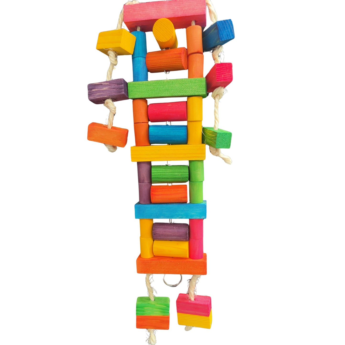 this bird toy is made up of lots of coloured wood blocks